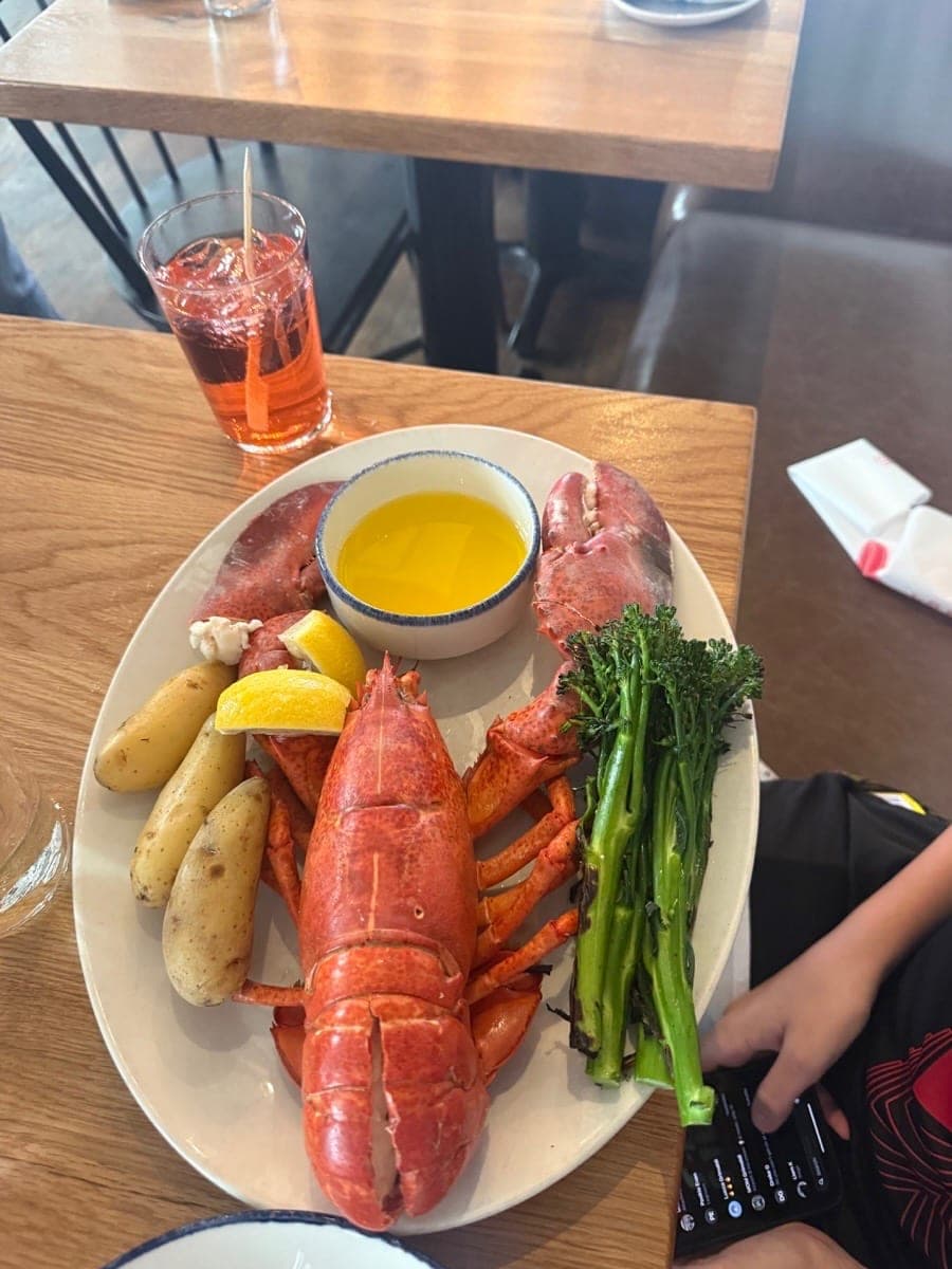 Whole lobster dinner at a Rhode Island coastal restaurant