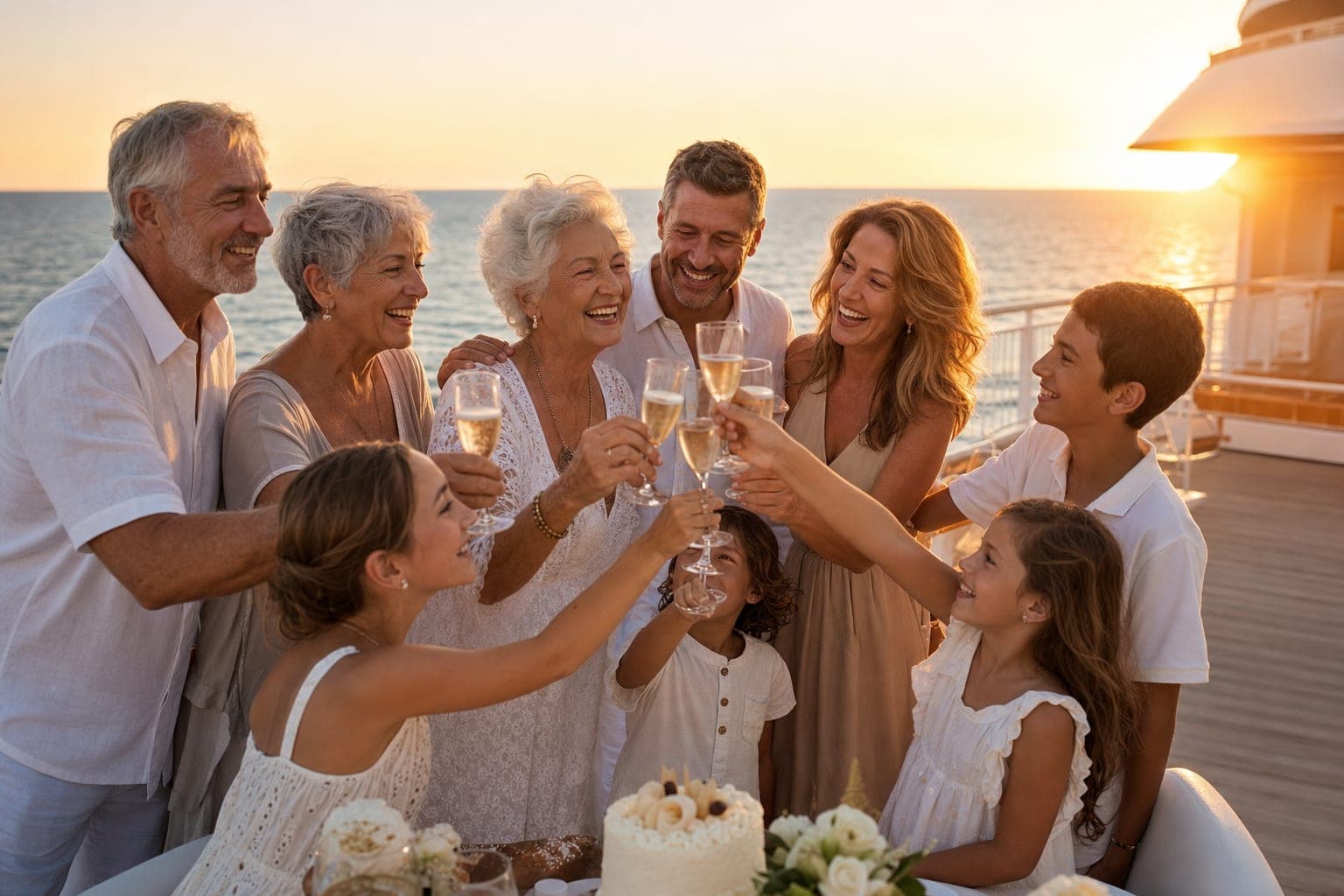 Multigenerational family celebrating a milestone on a cruise ship deck at sunset