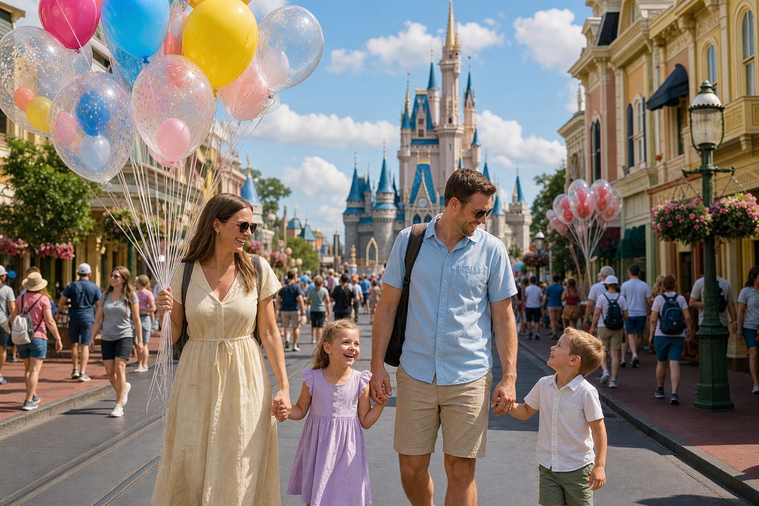 Colorful theme park main street with families and a castle in the background
