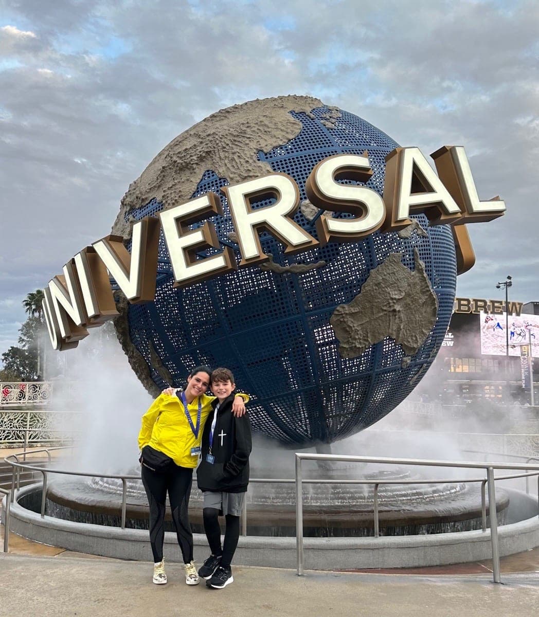 Mother and son at the Universal Studios globe in Orlando