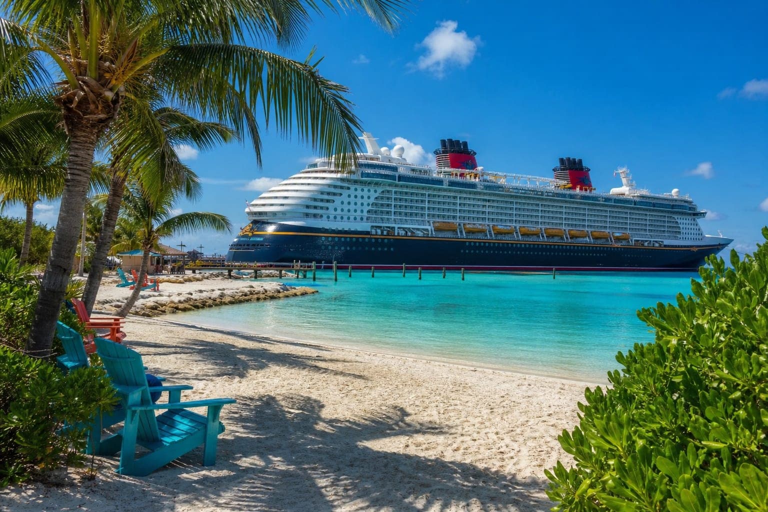 Family cruise ship docked at a tropical private island with turquoise water