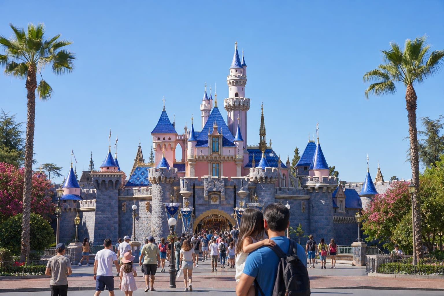 Storybook castle with palm trees on a sunny California theme park day
