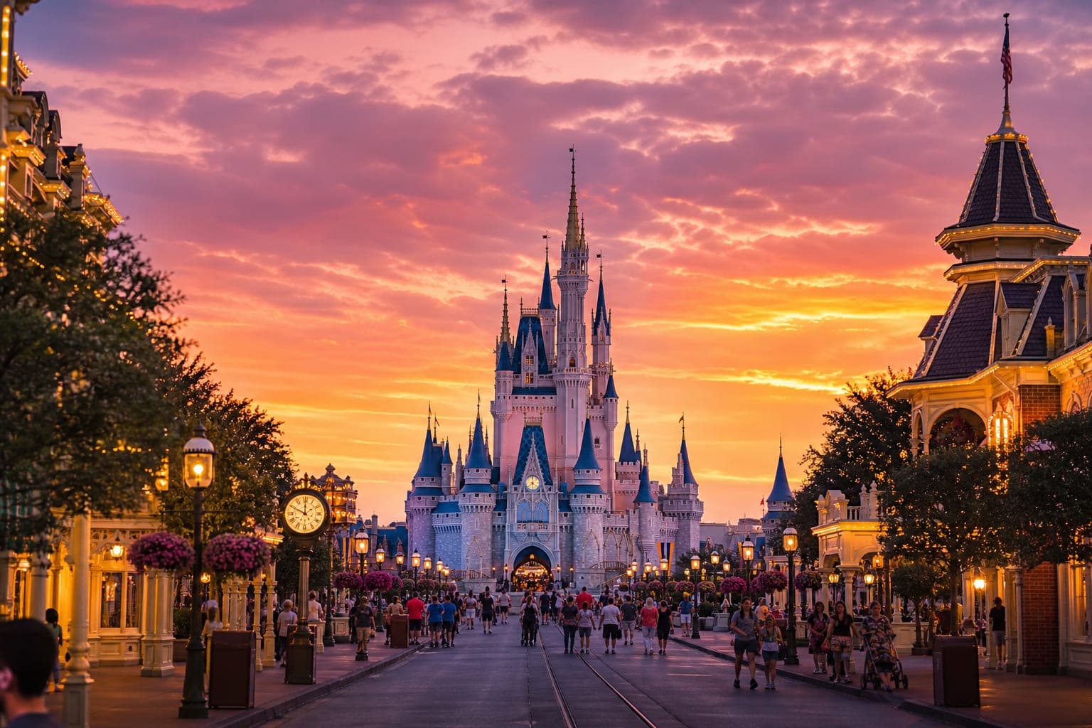 Fairy tale castle at a theme park during golden hour with Main Street boulevard
